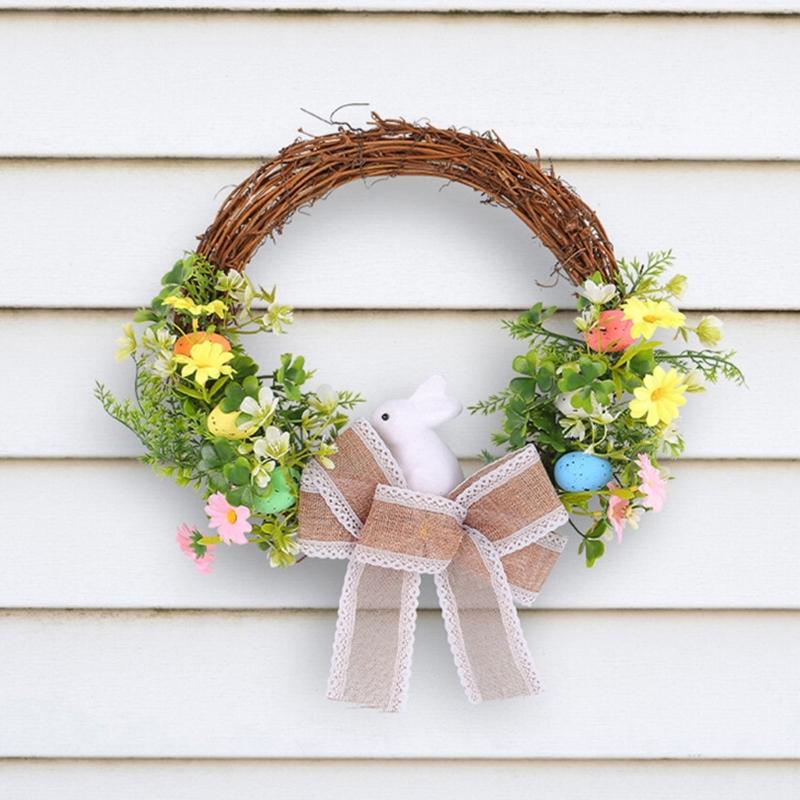 Easter Wreath for Front Door Home Decorations Photoshoots Bowknot Wreath Hanging Decor Easter Rabbit Wreath Ornament