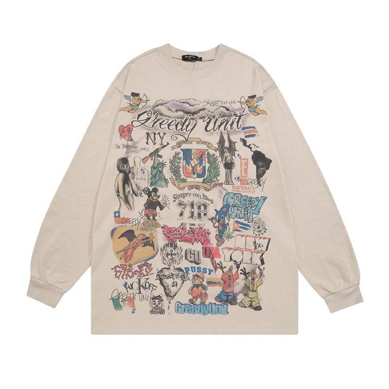 American Street Oversize Graffiti Long-Sleeved Bottom T-Shirt Men'S And Women'S Vibe Hip-Hop Trendy Long Tee Shirt