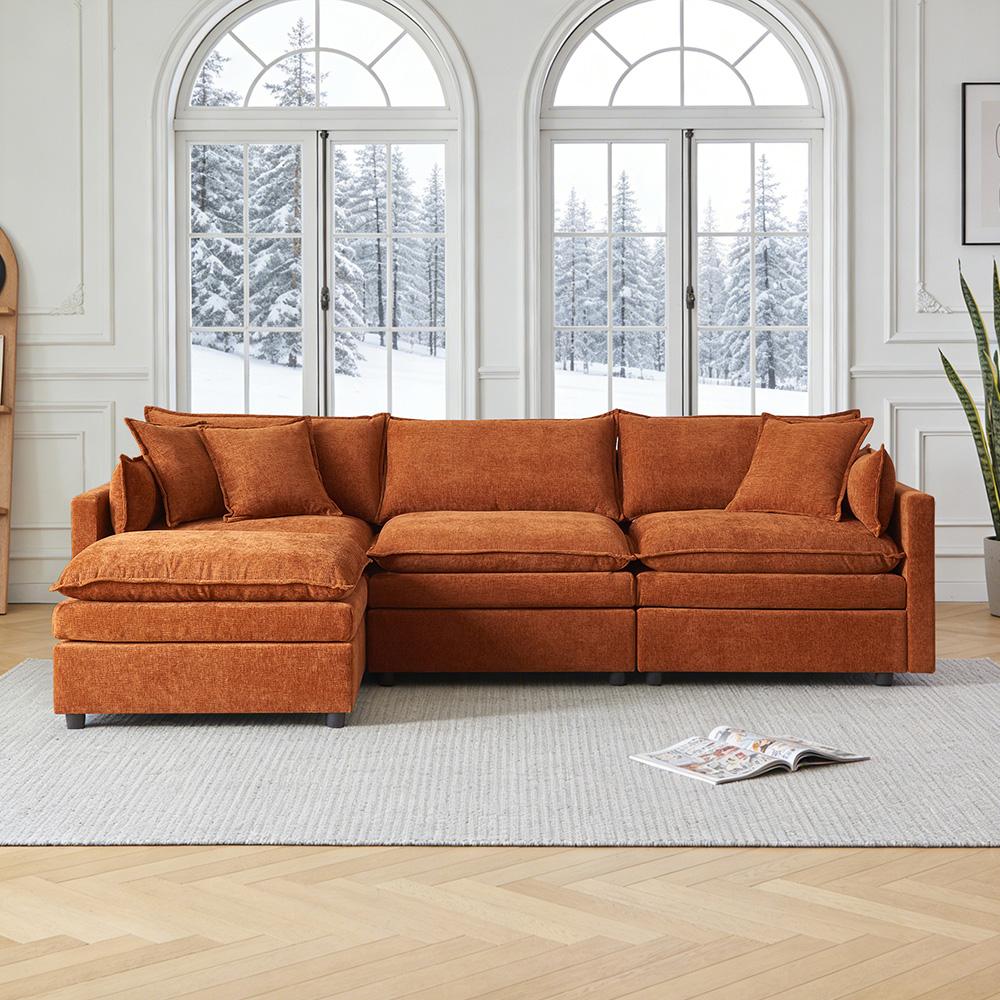 Ultra-weiches Modulsofa, aus Chenille und Massivholz, schneller Aufbau