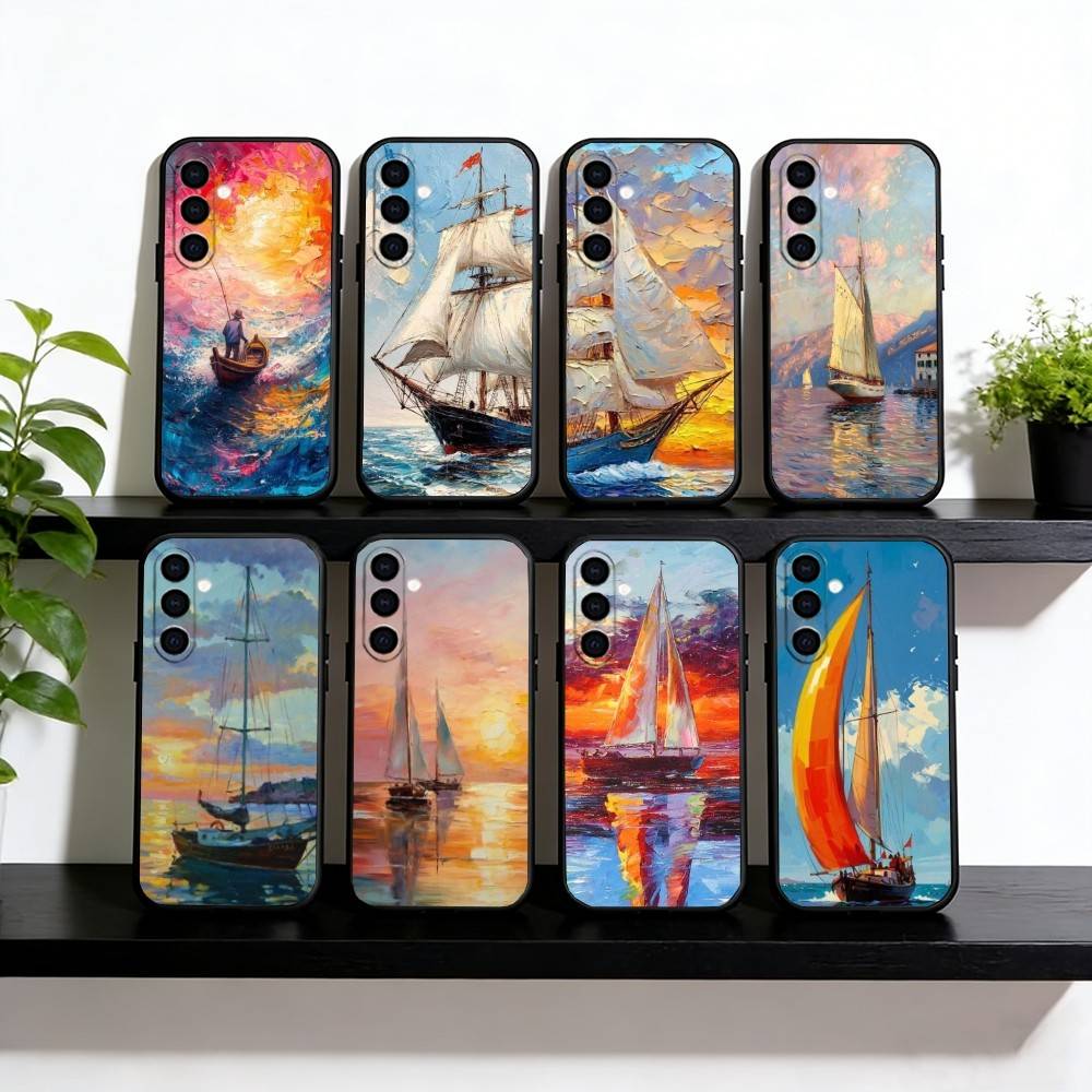 Ölgemälde Segelboot Handyhülle Für Samsung Galaxy A73,A72,A71,A70,A53,A52,A51,Weiche Silikon Schwarze Hülle