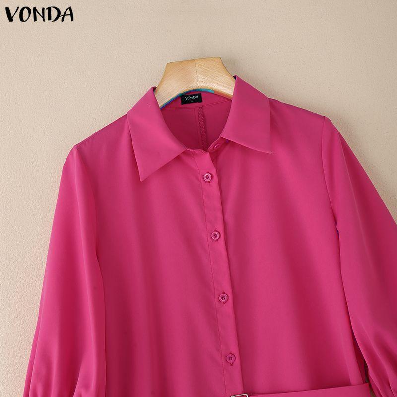 VONDA Women Casual Lapel Neck 3/4 Sleeve Slim Waist Pleated Mini Dress