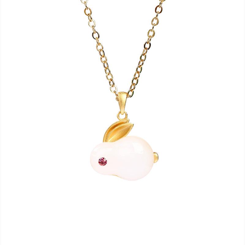Aieryuan Retro Jade Kaninchen Anhänger Halskette für Damen - Chinesischer Hofstil Schlüsselbeinkette