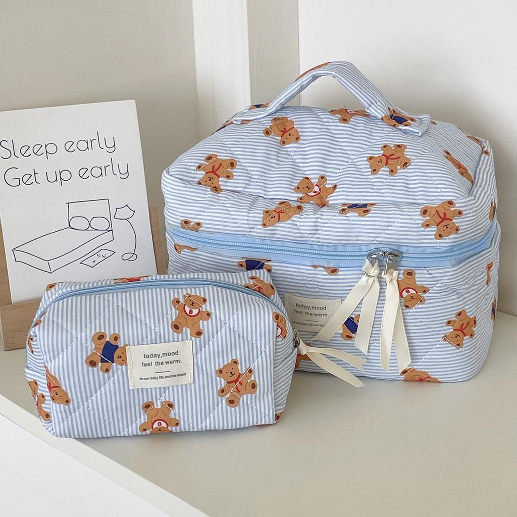 Blue Striped Bear Cosmetic Bag With Quilted Storage For Daily Use And Travel