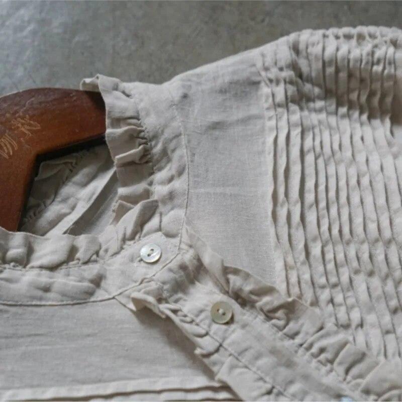 Johnature Dámské Vintage košile Topy Stojánek Jarní halenky s knoflíkem Dlouhý rukáv Jednobarevné košile v čínském stylu