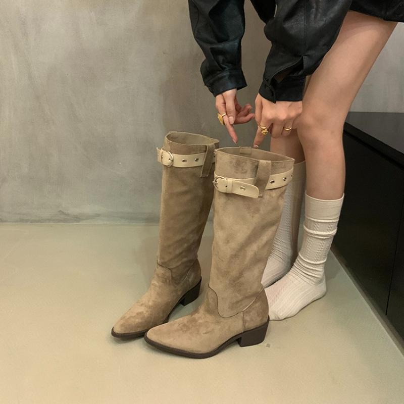 Retro Pleated Belt Buckle Women High top Fashion Thick Heels Pointed Toe Autumn Winter Slip on Long Botas Para Mujer