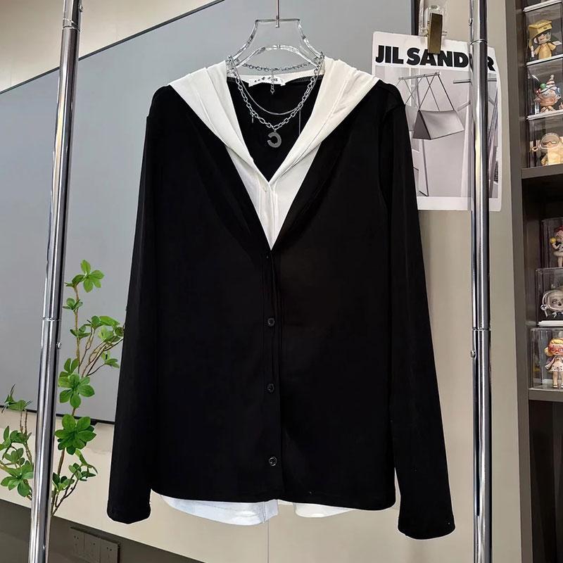 

Осенняя мода Свободный Универсальный Худи с эффектом двухслойности Сплайсинг Повседневный Топ с длинным рукавом для женщин L чёрный