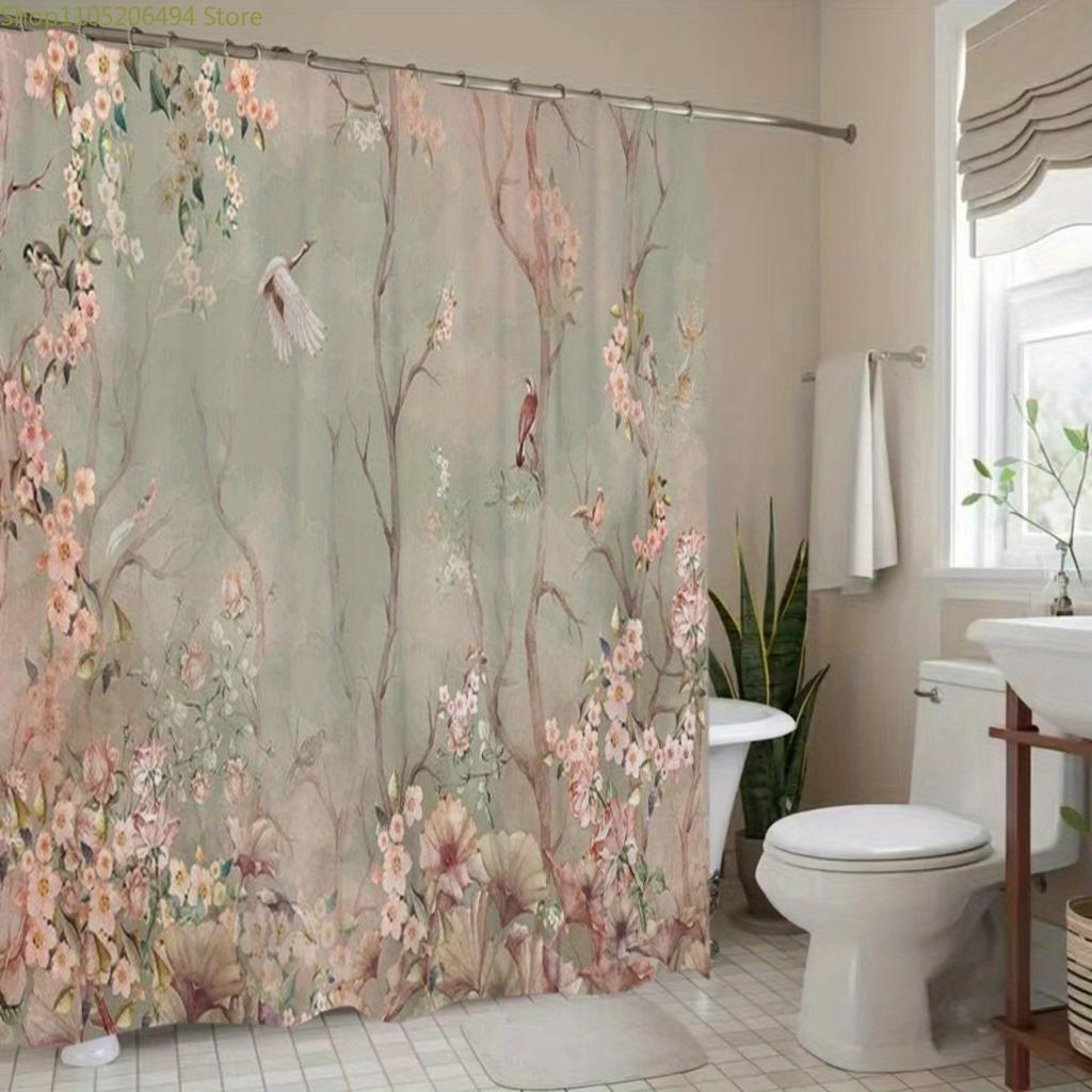 1pc Floral & Bird Pattern Shower Curtain - Pastel Background, Durable Polyester Fabric, Machine Washable with Hooks Included,