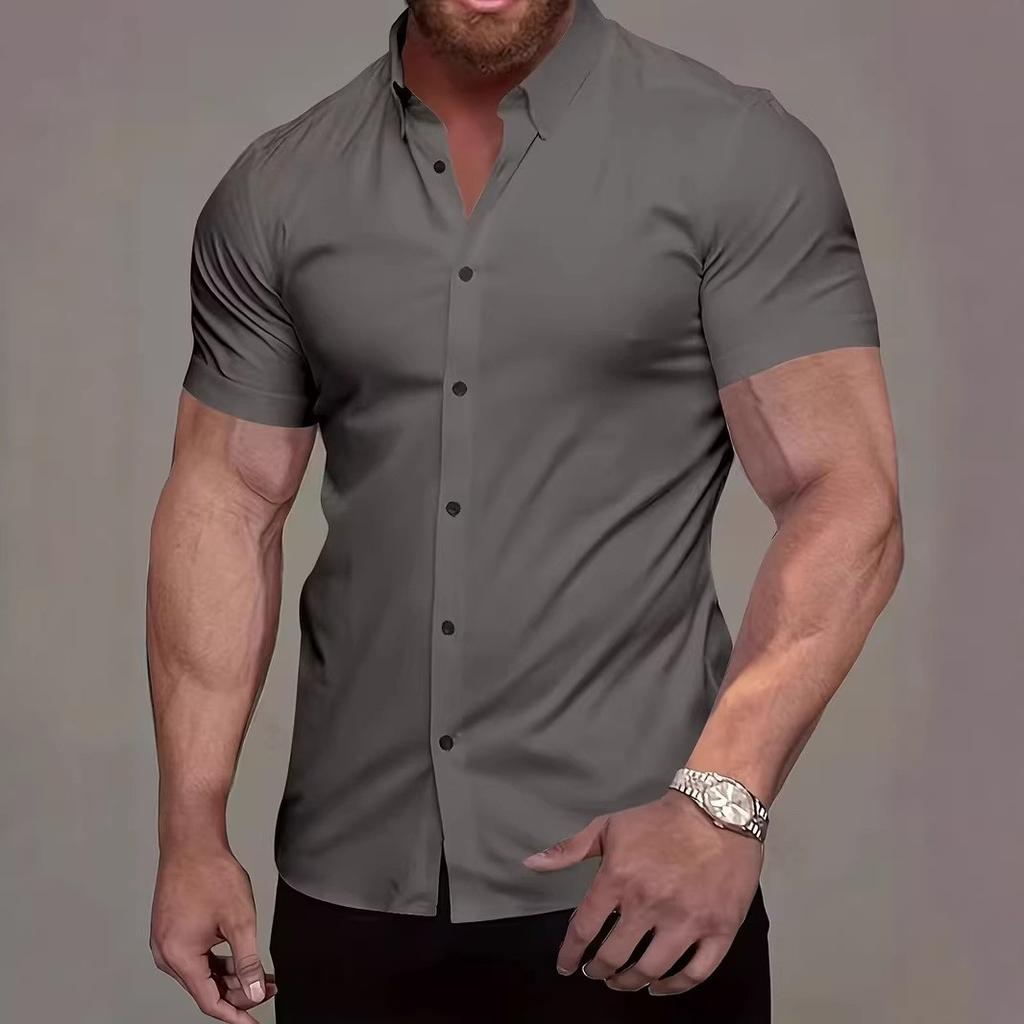 Men Summer Short Sleeve Pure Color Shirt Tops Men Clothes Business Casual Lapel Shirt Tops