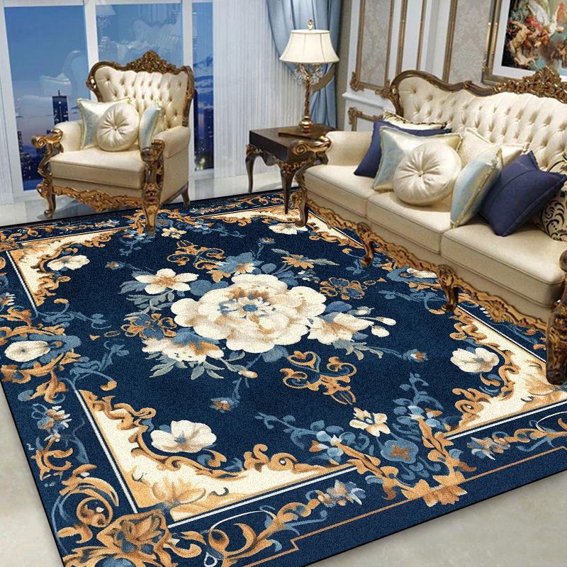 European Gold Floral Carpet Living Room Blue Decoration Sofa Area Rugs Non-slip Home Bedroom Cloakroom Soft Floor Mat Washable