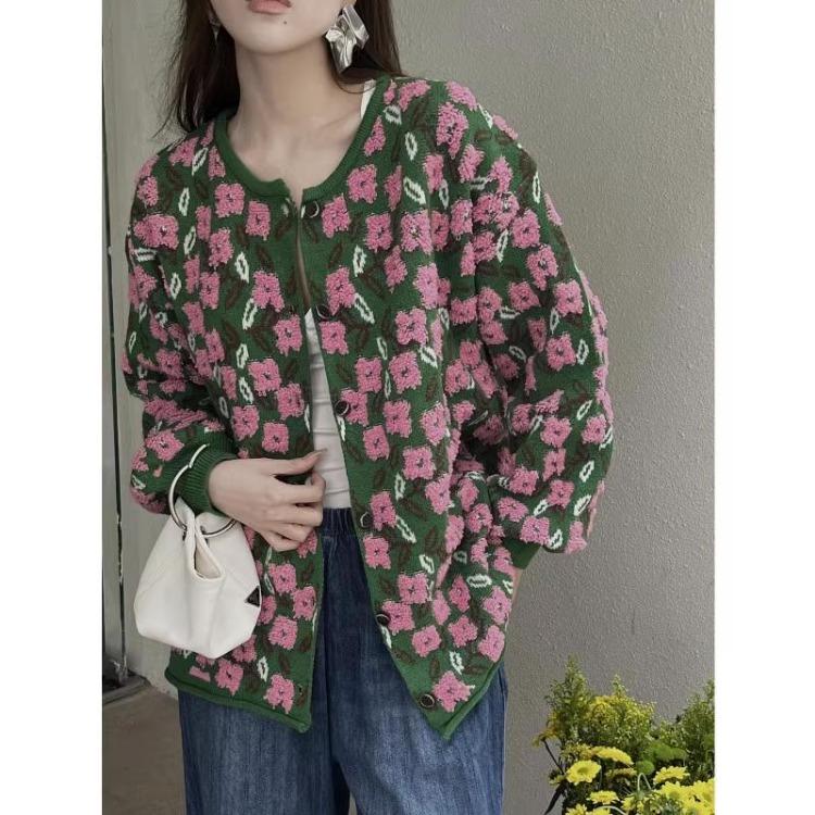Green Floral Knitting Sweaters Jacket Autumn Winter Oversize Casual Women Cardigan Plus Size Loose Sweater Fashion