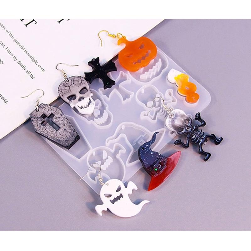 Halloween Pendant Silicone Mold Personalized Skull Pumpkin Earrings Pendants Resin Molds with Hair Clips Accessory DIY
