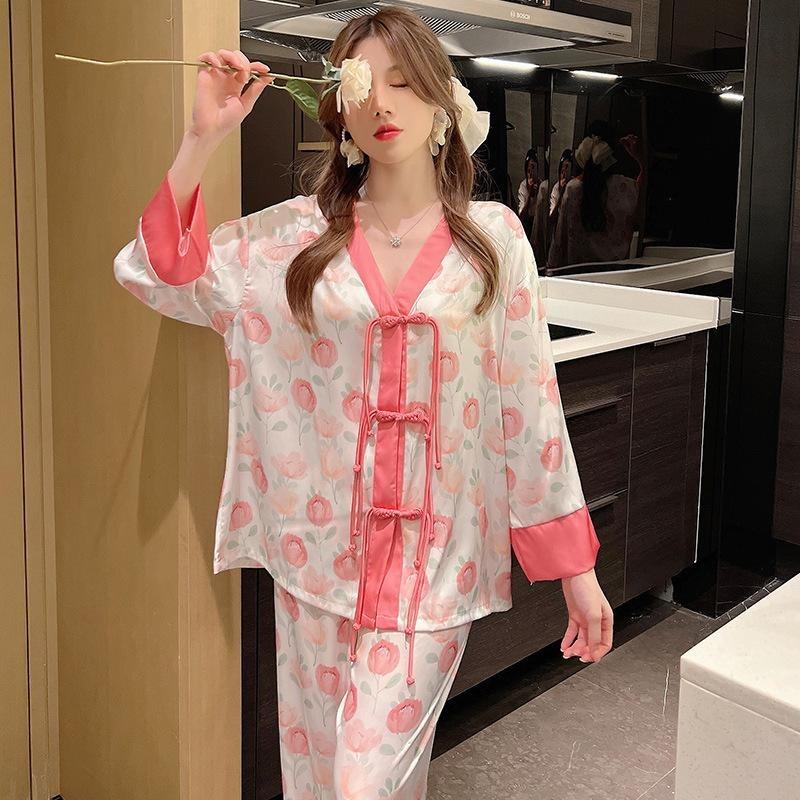 Pajamas women's spring and autumn new ice and snow silk printing long-sleeved two-piece set loose large size can be worn outside loungewear set