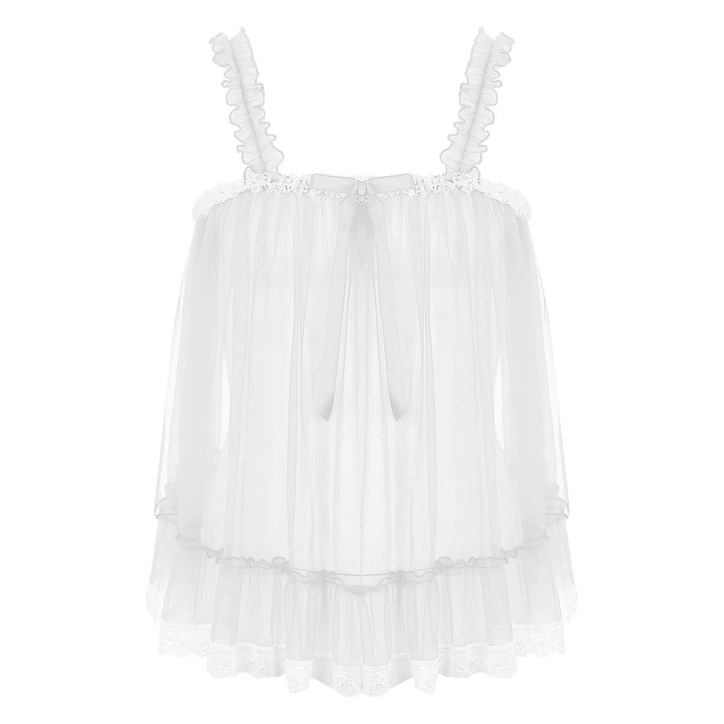 Mens Sheer Mesh Camisole Ruffled Straps Bow Accent Lace Trim Crossdressing Slip Top Clubwear