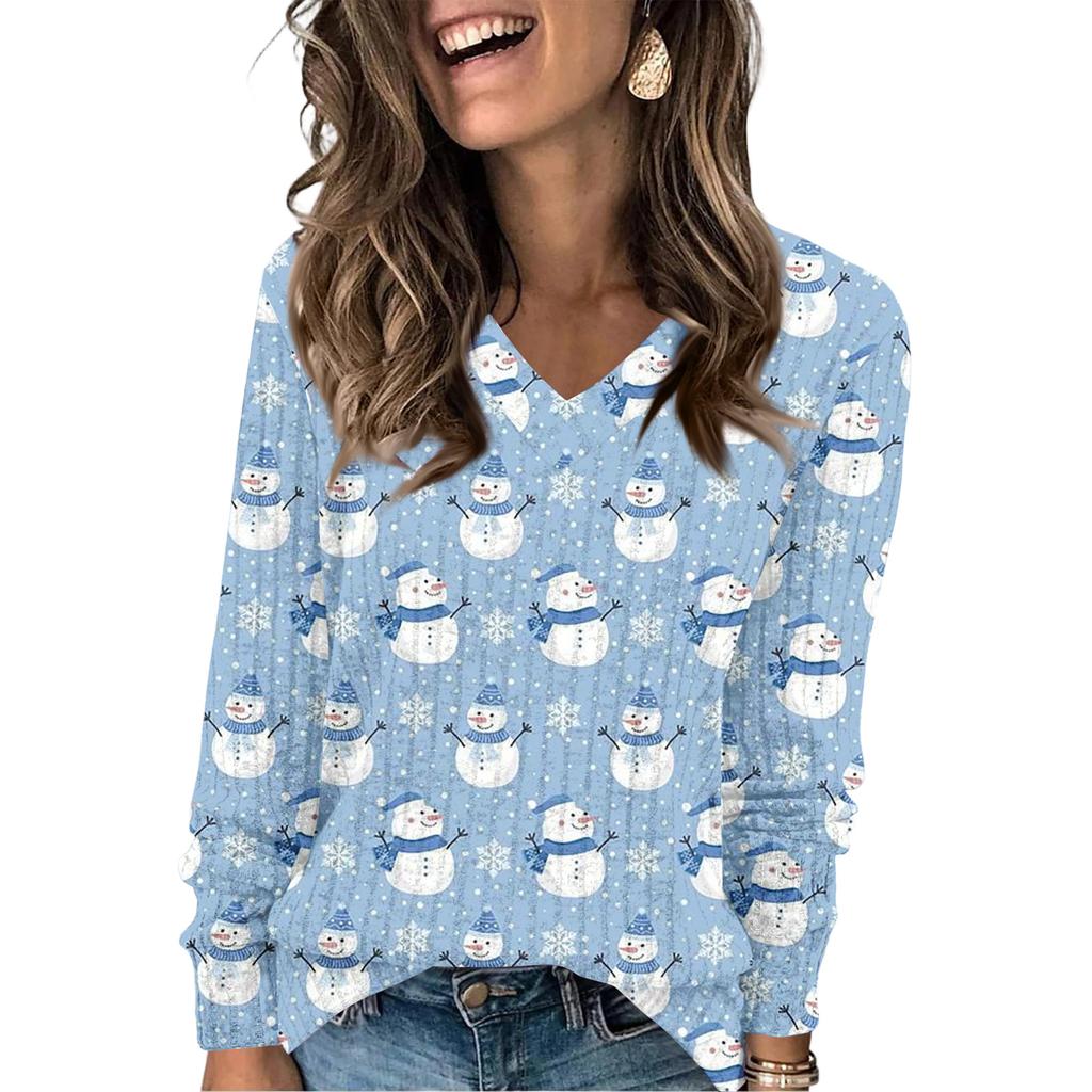 Women's Fashionable Loose-Fit V-Neck Long-Sleeved T-Shirt Christmas Print Pullover
