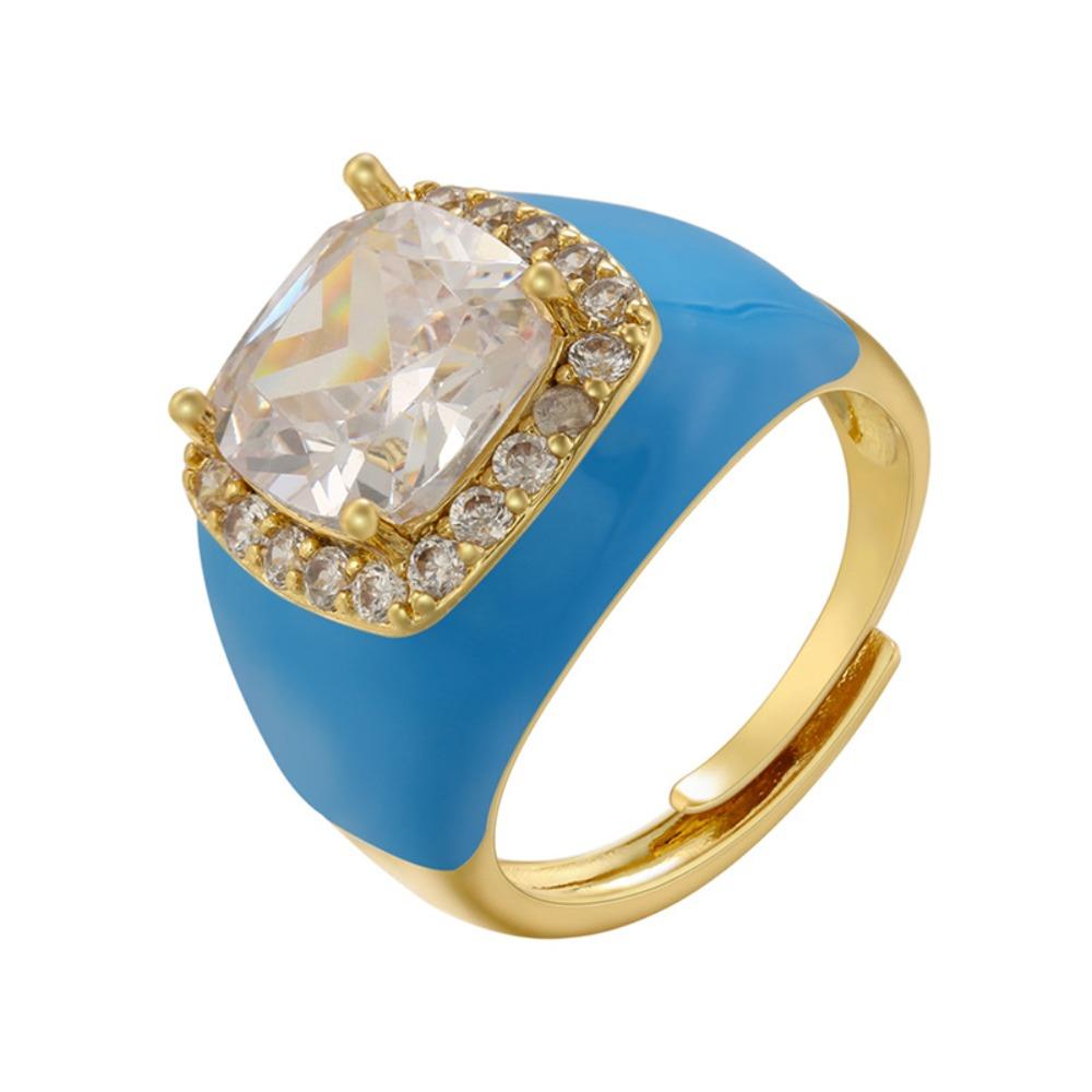 Gold Plated Zircon Open Ring Multicolor Geometric Square Ring Enamel Dripping Oil Ring  For Women