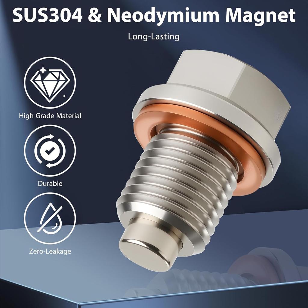 M14 X 1.5 Magnetic Stainless Steel Oil Drain Plug Sump Drain Nut Bolt with Copper Gasket Crush Washer Compatible with Most Ford, GM, Hyundai, KIA and