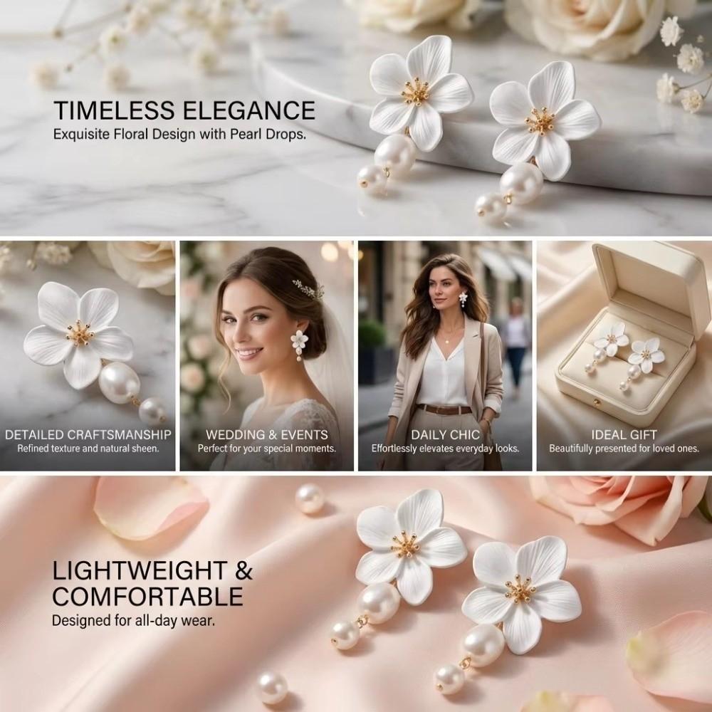 White Flower Drop Earrings Drop Shape Dangle Earrings Fashion Imitation Pearl Earrings  Gift
