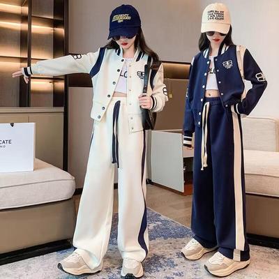 Girls' Spring & Autumn Sports Two-Piece Set: Baseball Jacket & Pants for Kids