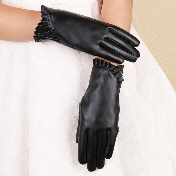 Autumn and Winter Women's Warm Gloves Fashionable Lace PU Leather Korean Version Plus Velvet Cold Proof Waterproof Fashionable Touch Screen Gloves