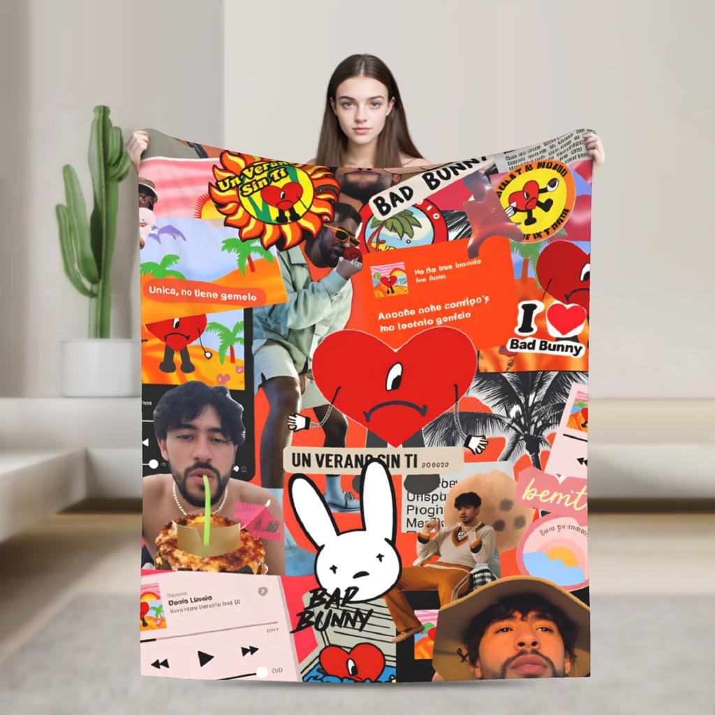 Zanger Bads Bunnys Deken Kwaliteit Warm Beddengoed Plaids Winter Picknick Buiten Grappig Sprei