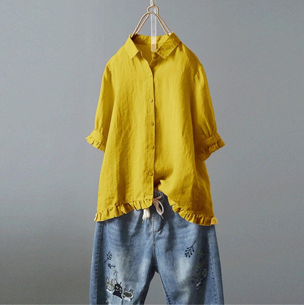 Women's Cotton And Linen Lace Solid Color Button Up Shirt Upper Hem Short Sleeve