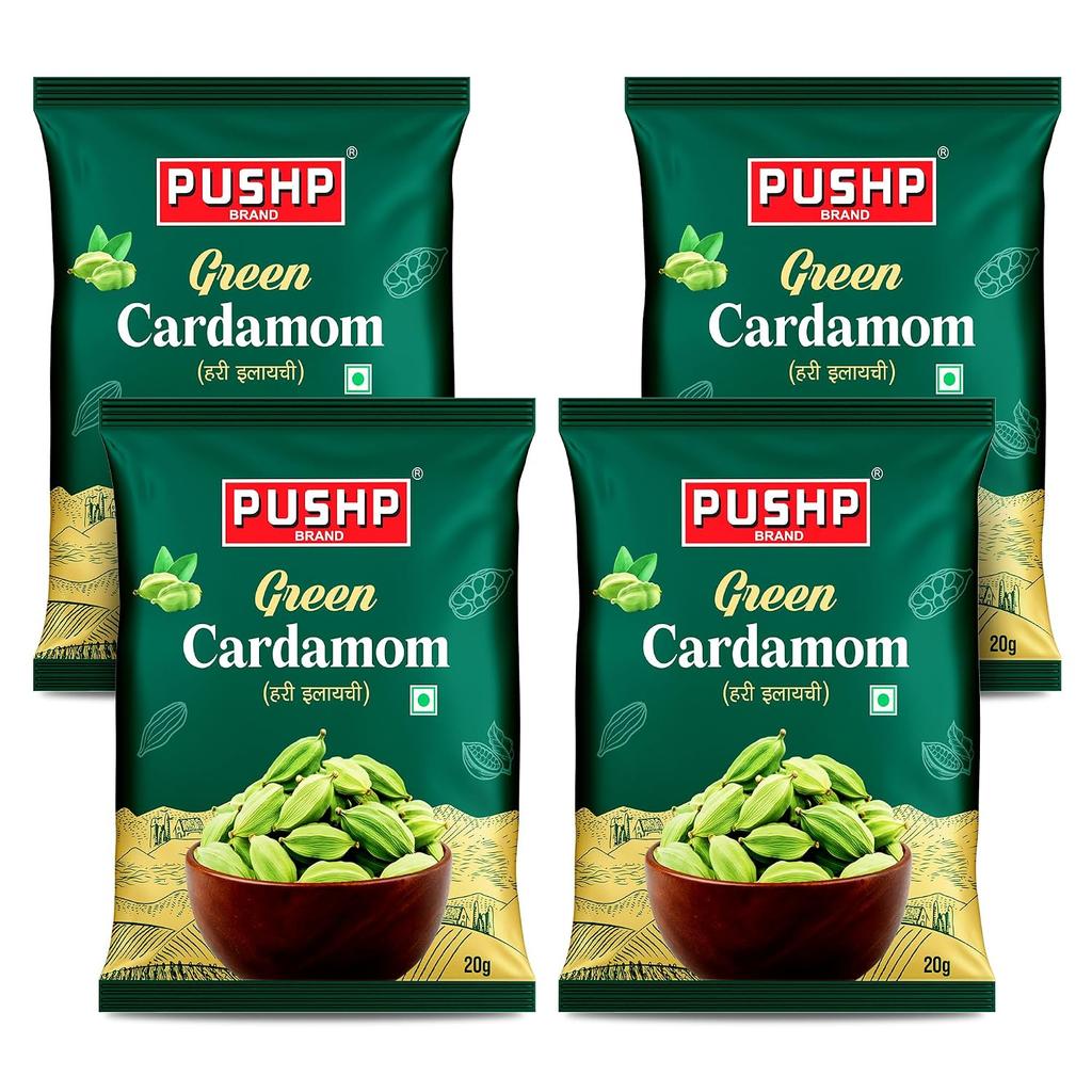 Pushp Green Cardamom Whole Elaichi 20 g X Pack Of 4 Premium Sabut Hari Elaichi For Authentic Cooking Aroma And Natural Freshness