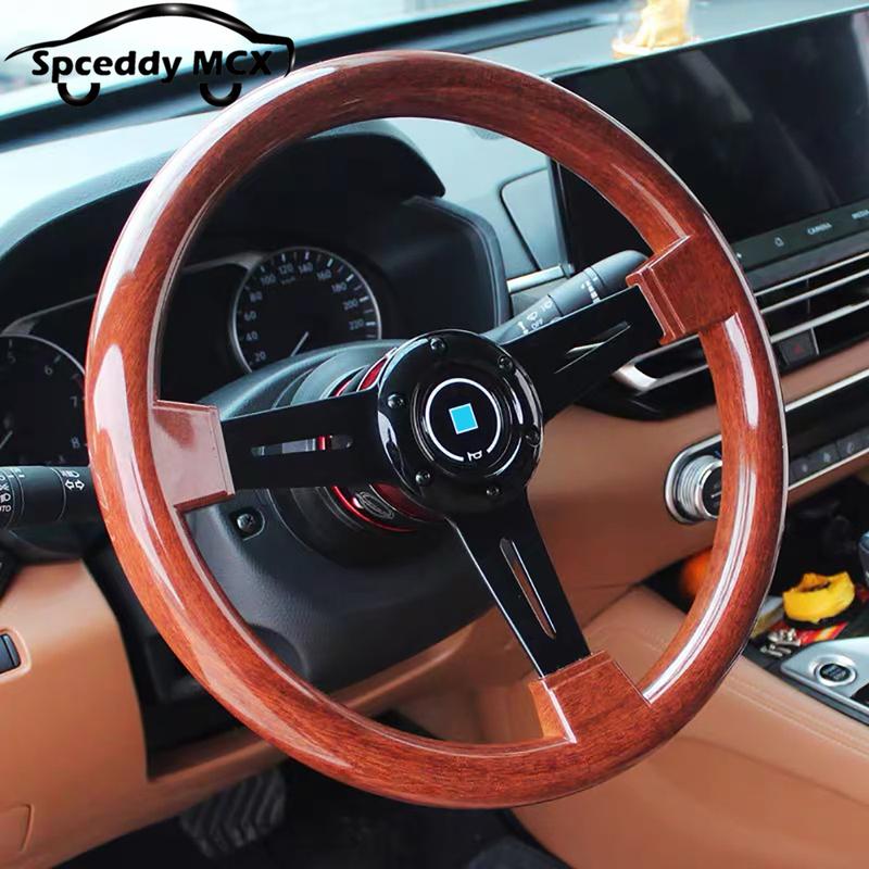 Classic Wood 14inch 350mm Flat Car Steering Wheel Sport ABS Retro Modified Steering Wheel Wood Grain Look Black Silver