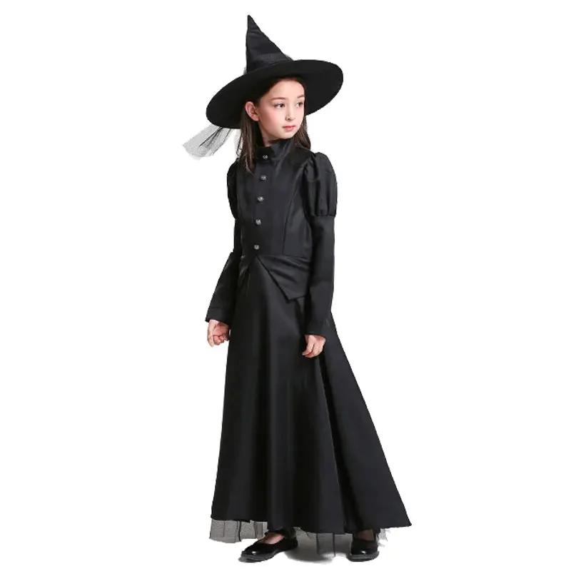 Halloween Wizard Cosplay Costume Kids Adult Halloween Women Deluxe Wicked Witch Costume Black Full Length Dress