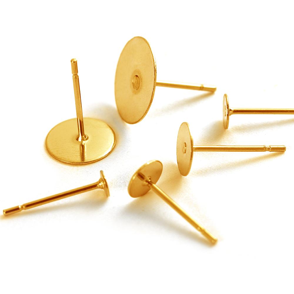 100pcs Gold Color 316L Stainless Steel Earring Studs DIY Ear Blank Post Pins 3-12mm Flat Round Tray Base Ear Jewelry Making DIY
