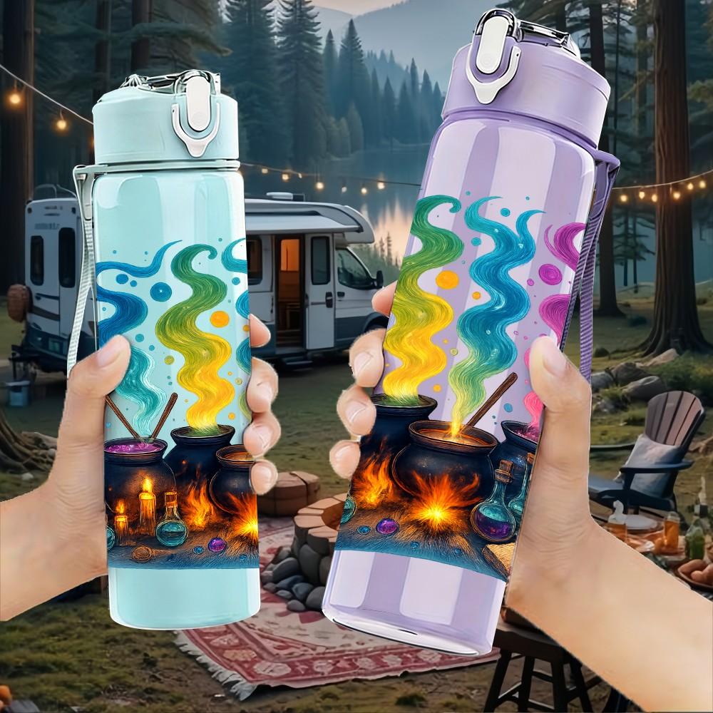 1PC Bonfire Camping Night Scene 750ml Color Plastic Sports Water Bottle Leakproof Flip Straw Lid Suitable for Sports Office Home Use