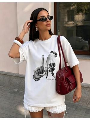 WoUnisexs Casual Fashion Tshirt 2026 Western Style Gesture Print Summer European American 100 Pure Cotton Short Sleeved Shirt