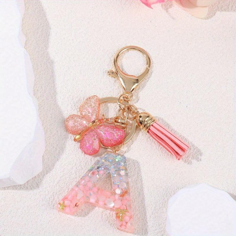 Personalized Bling Monogram Keychain for Women - Resin Letter Charm with Silvery Glitter, Pink Pebble & Gold Star Shaker - Birthday Gifts for Her
