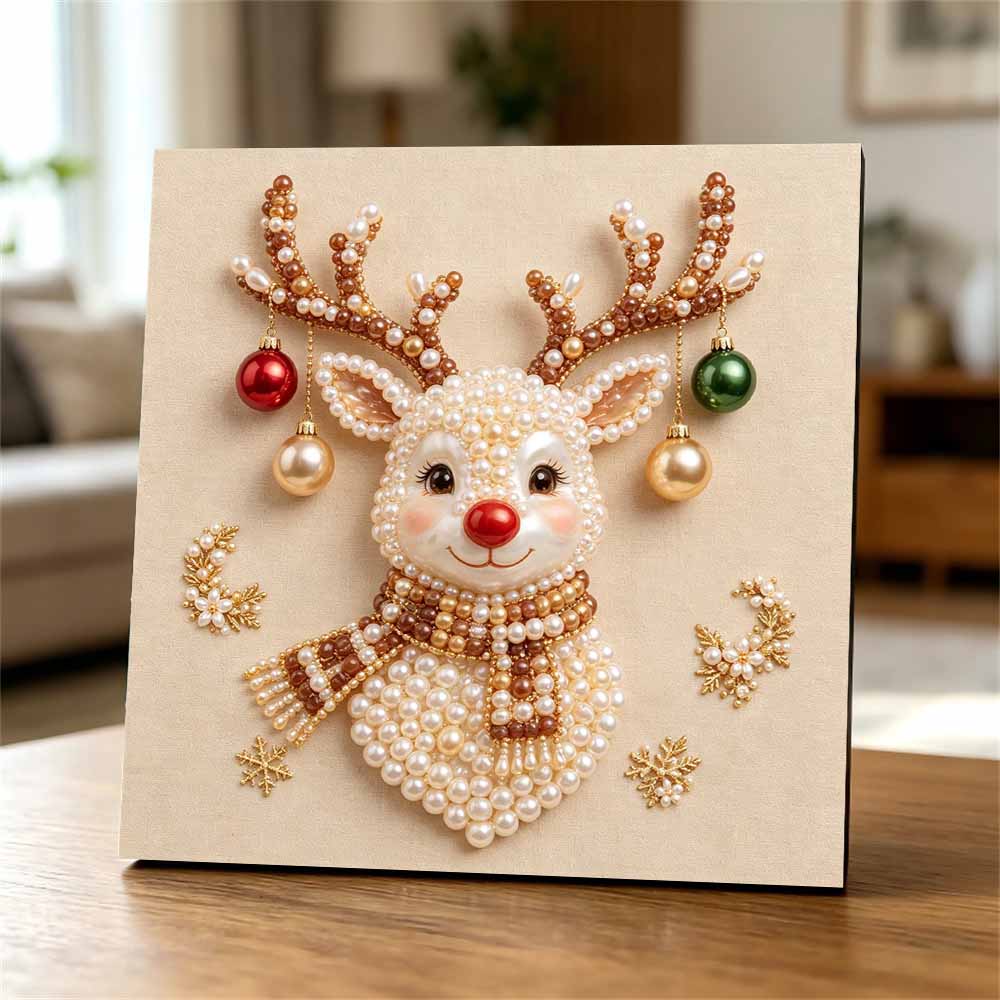 Framed Pearl Art DIY Kit with Christmas Reindeer Pattern 3D Sparkling Bead Canvas Painting Handmade Gift for Home Decoration