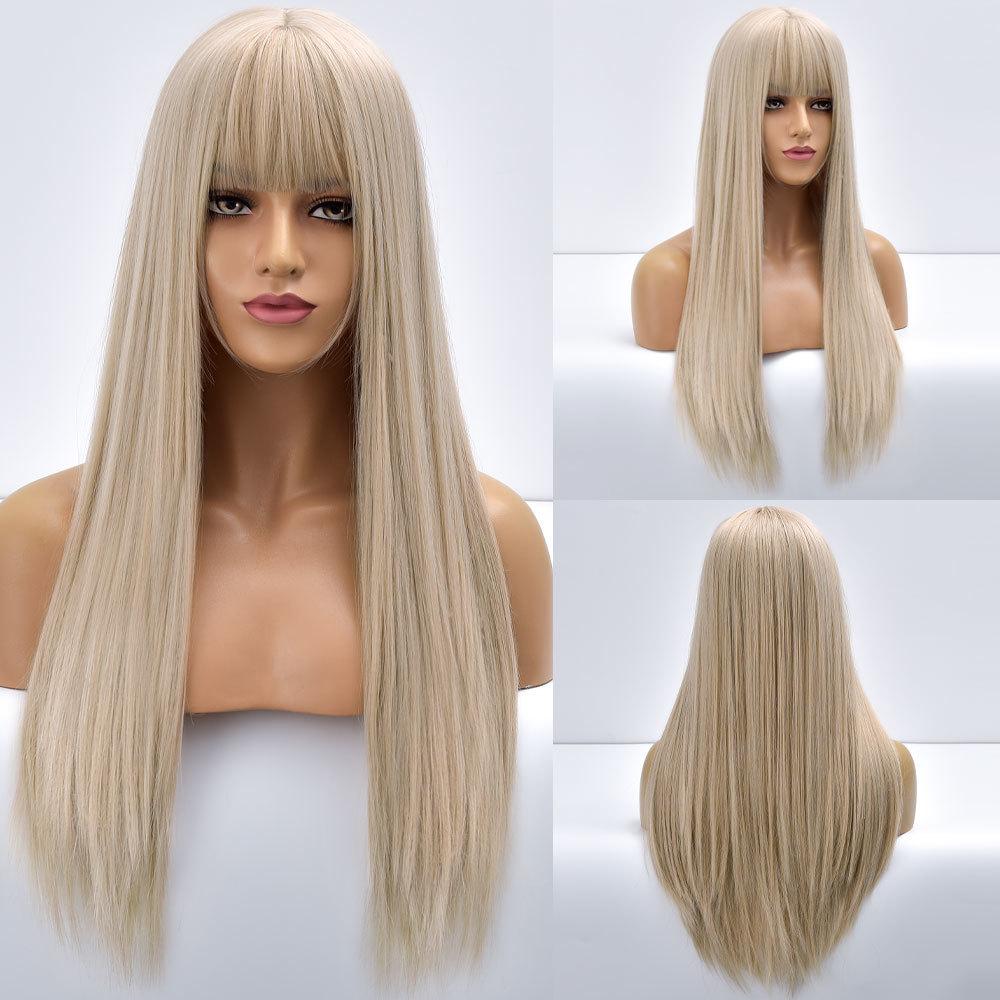 Natural Black Straight Synthetic Wigs For Women with Bangs 28Inch Daily Party Cosplay Wigs Heat Resistant Natural Hair Wig