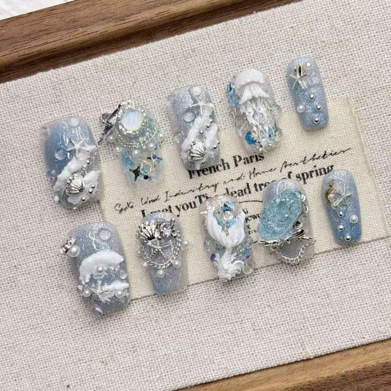 Handmade Mermaid Tail Press-On Nails Short Almond Shape Blue Ocean Design Women Girls Medium