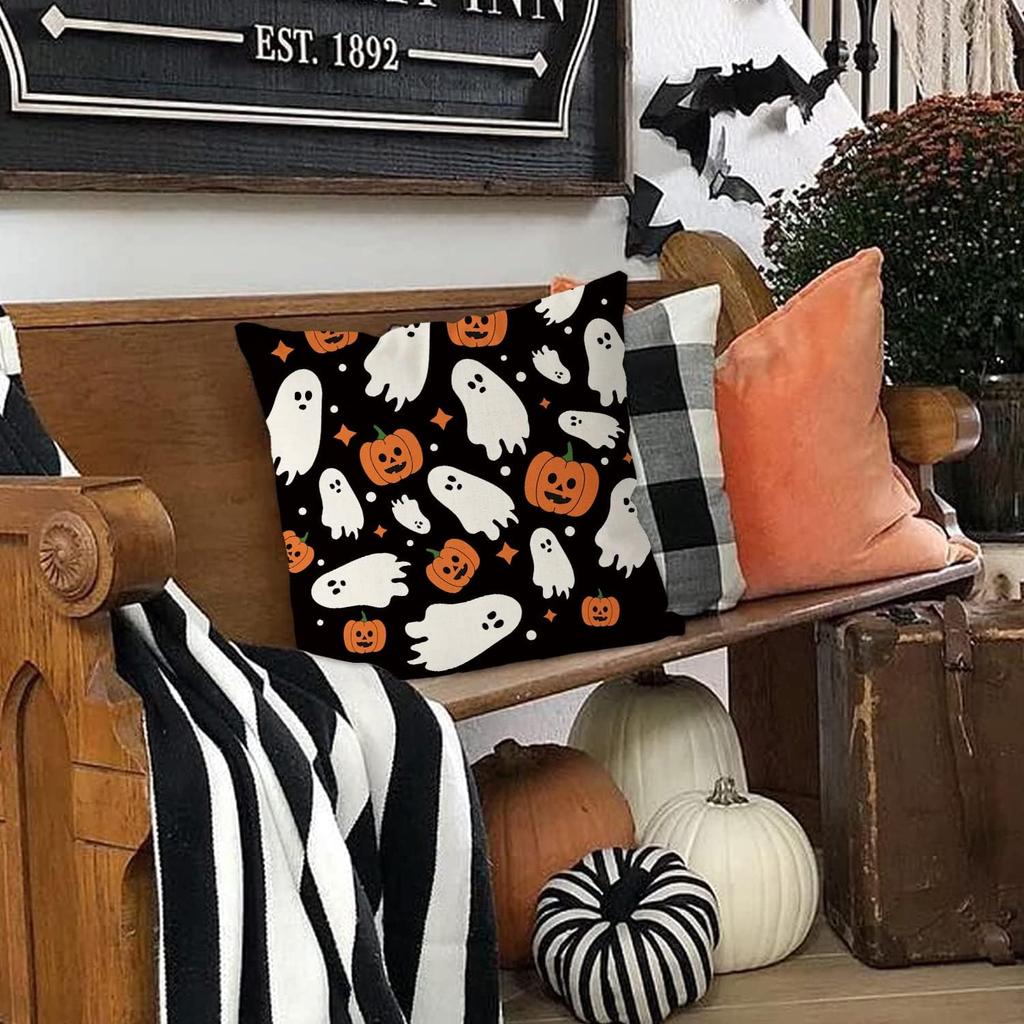 GAGEC Halloween Pillow Covers 18x18 Inch Ghost Pumpk Linen Pillowcase Holiday Farmhouse Throw Pillows Indoor Outdoor Couch Cushion Case for Home Sofa