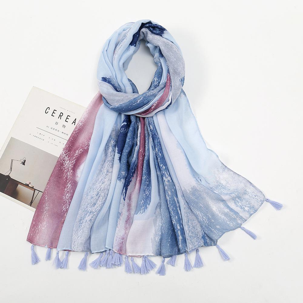 Small fresh medium and retro blue and white porcelain cotton and linen feel scarf, Bali yarn silk scarf, blue flower shawl women