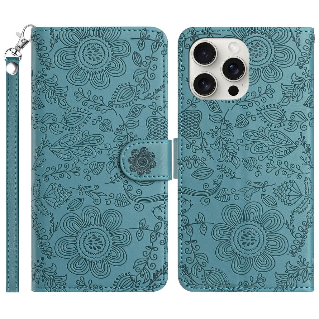 For iPhone 16 Pro Case Flower Imprint Leather Flip Wallet Phone Cover with Wrist Strap