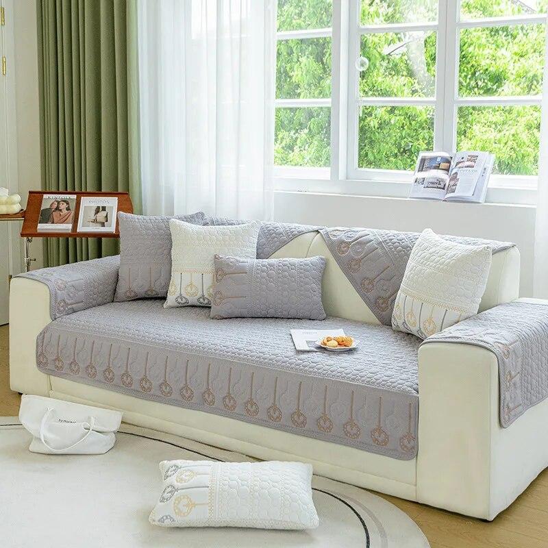 Universal Sofa Cover Embroidery Non-Slip Simple Modern Cotton Fabric Sofa Cushion Living Room Sofa Cover Armrest Cloth Towel