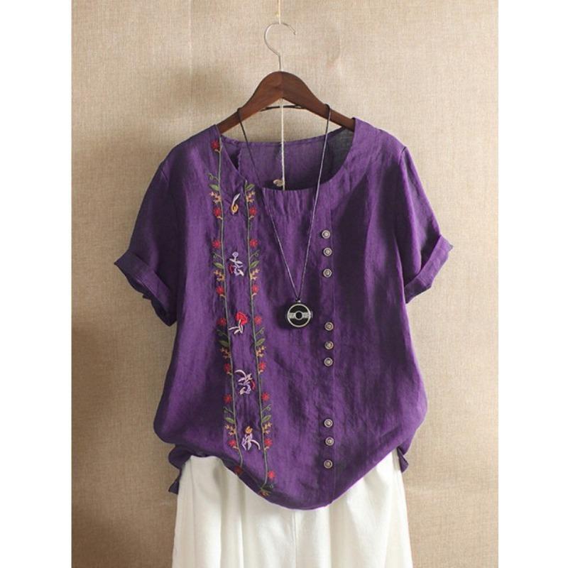 Women s All Match Breathable Shirt With Nature Inspired Embroidery M фиолетовый