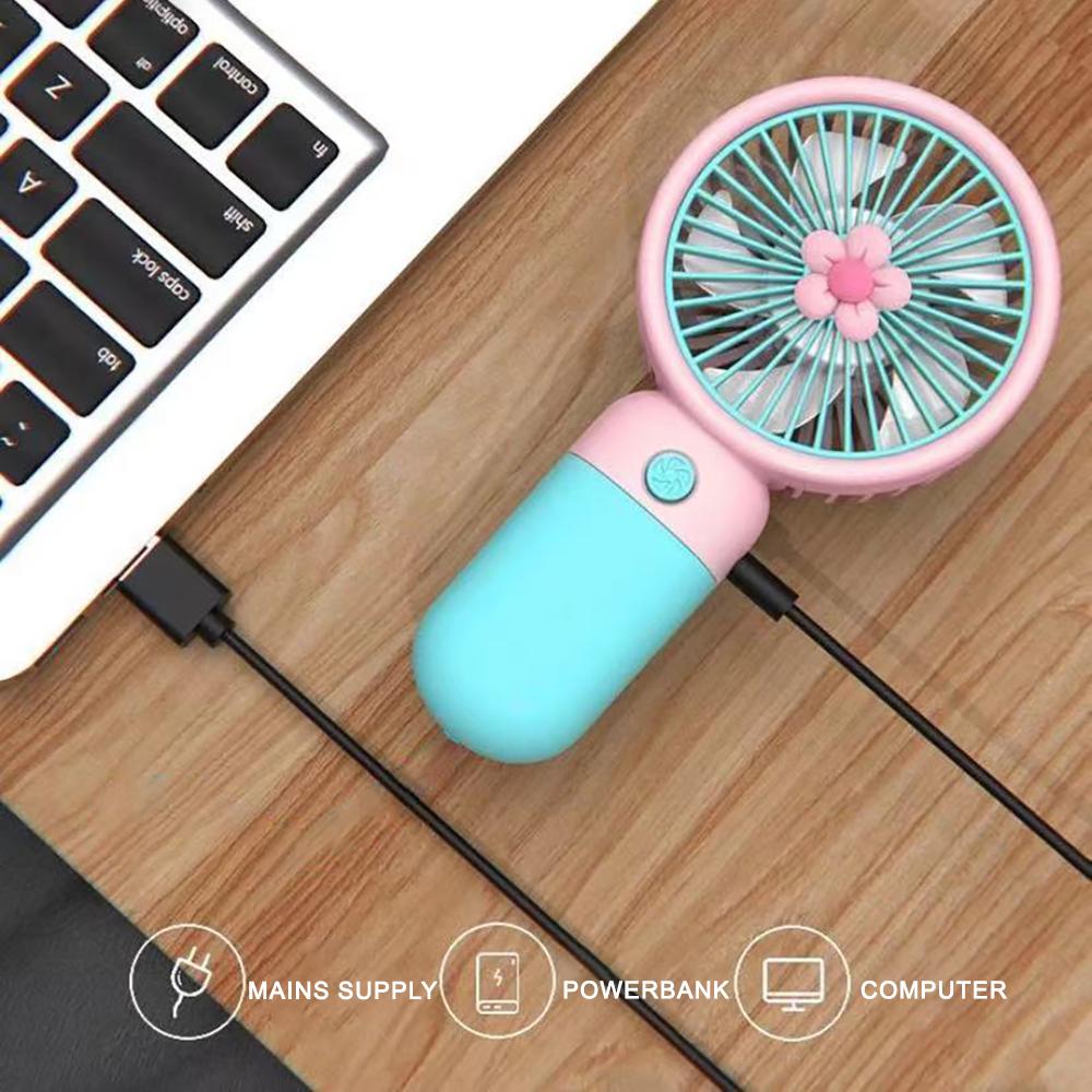 Macaron Color Mini Handheld Fan with Lanyard USB Rechargeable Electric Small Fresh Portable Fan for Students Flower Design