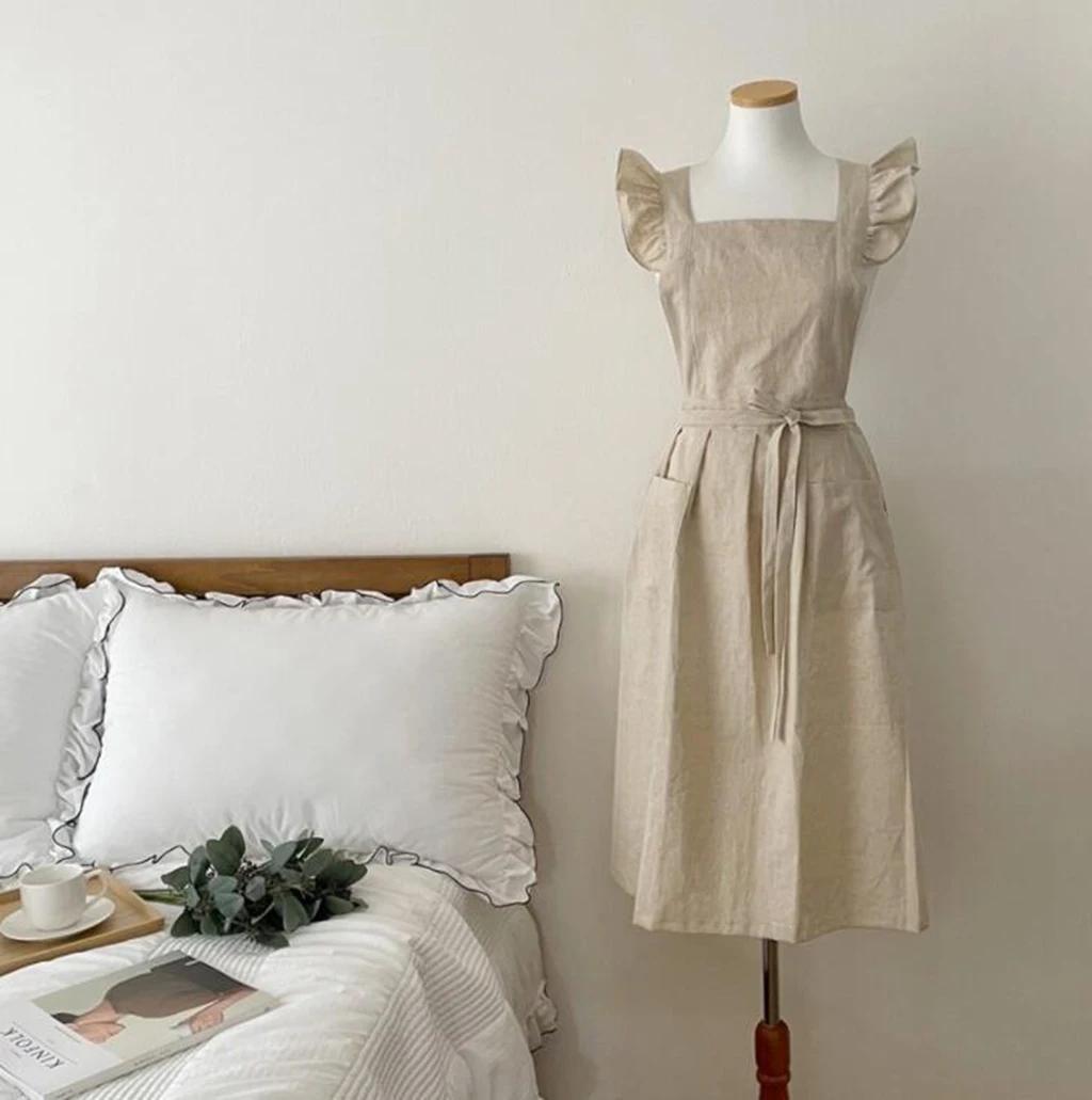 

Простой флористический фартук в скандинавском стиле, хлопковый лен, садовый, кофейный, кухонный фартук для приготовления пищи, выпечки, ресторанный фартук, сарафан бежевый