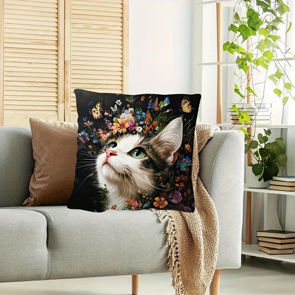 Cat with Butterflies and Flowers Pillowcase, Fantasy Pet Art Cushion Cover, Boho Home Decor for Living Room Bedroom Sofa