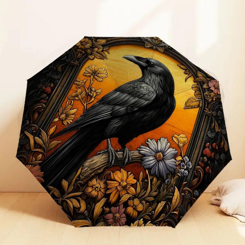 1pc Raven Flowers Automatic Folding Umbrella, Heavy Duty 8 Rib Iron Frame,  Suitable for Travel, Daily Use, Birthday, Decor Gift m0104063