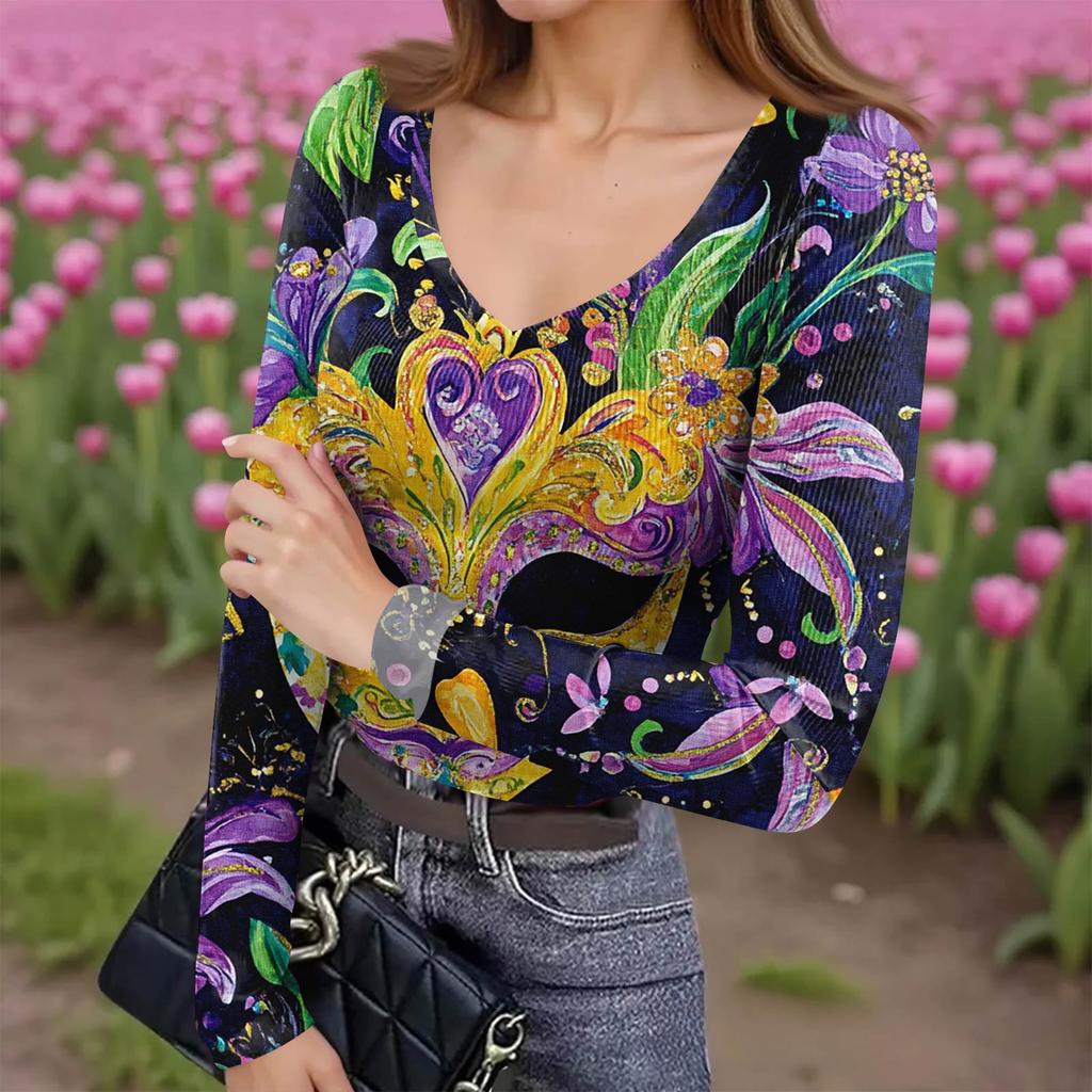 Women's Winter Slim-Fit Base Layer T-Shirt Fashionable Print V-Neck Pullover Long-Sleeved Top