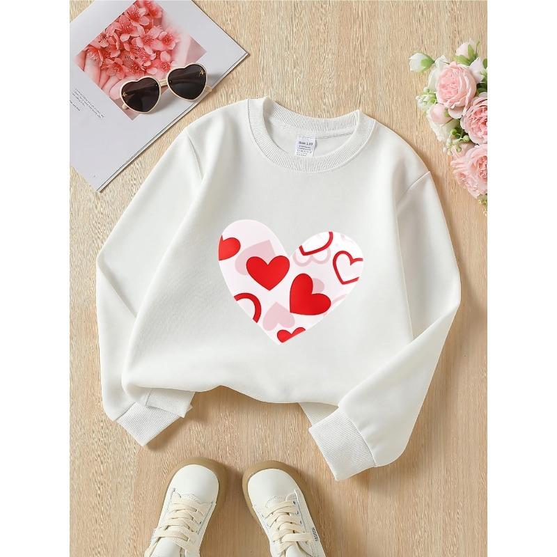 European Sizes Kids' Crewneck Sweatshirt | Heart Pattern Red White Love Design, Sportswear and Casual Wear, Soft and Comfortable, Clothing, Teenagers
