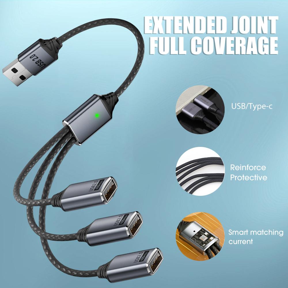 Multi Ports USB Type C Splitter Cable 480Mbps High-speed Charging Data Transfer Wire Nylon Cord for Mac IPhone Tablet Laptop PC