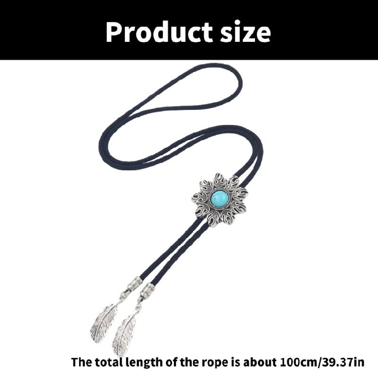 Unisex Western Cowboy Bolo Tie Vintage Sun Turquoises Stone Pendant Jewelry Braided Rope Necktie Metal Feather Necklace