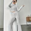 Women's Slim Two-Piece Matching Set Long Sleeve Turtleneck Crop Top High Waist Flare Knit Tracksuit