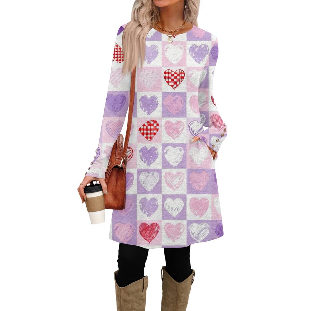 Women's fashion casual pocket decorative button dress round neck long sleeve printed dress